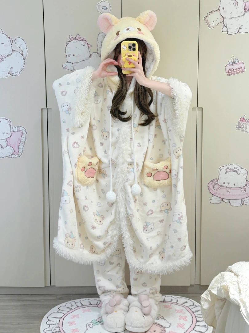 2025新款睡袍宽松舒适家居服斗篷法兰绒加厚睡衣女套装可外穿套装