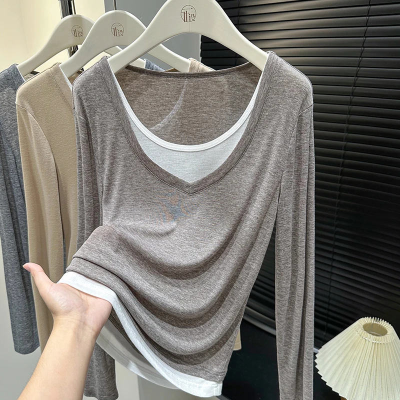 假两件长袖上衣女洋气撞色针织T恤小衫秋季新款摩卡色圆领打底衫