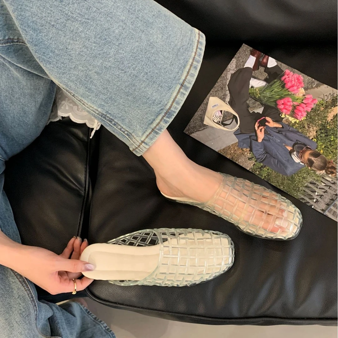 轻奢鞋子拖鞋网面2025春季新款韩版小众设计感塑胶平底镂空舒适