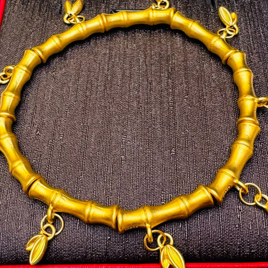 28#足金999 黄金竹节磨砂竹子手链弹力绳不限手围
