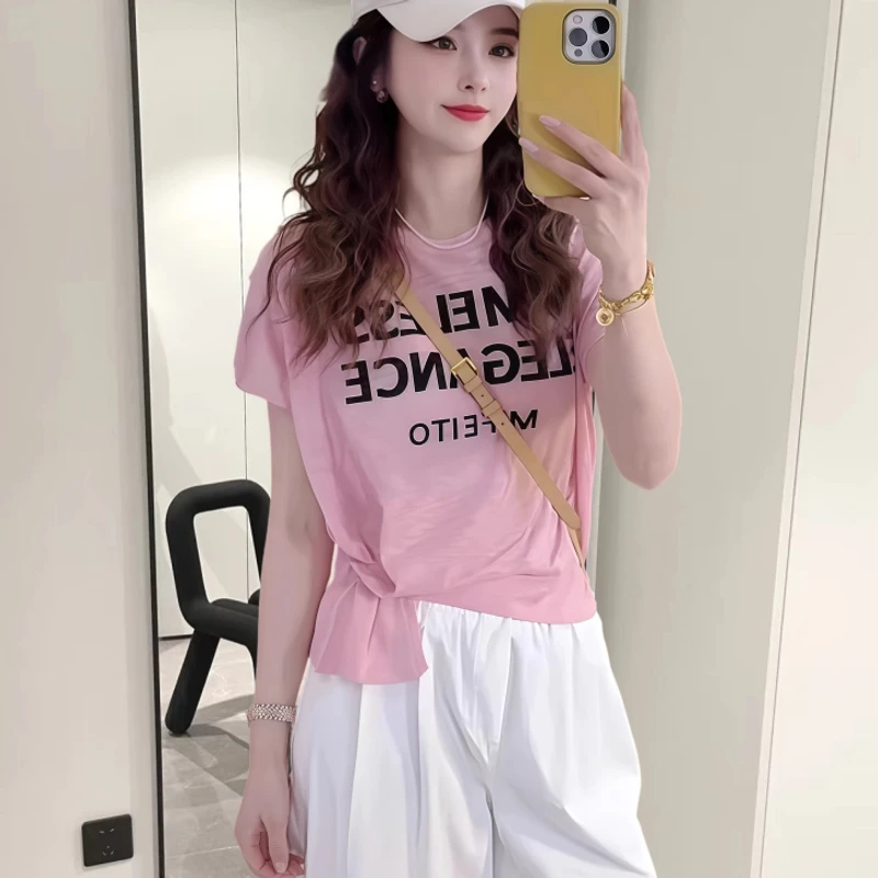 夏季新款字母提花针织短袖女2025韩系设计感百搭显瘦套头T恤上衣
