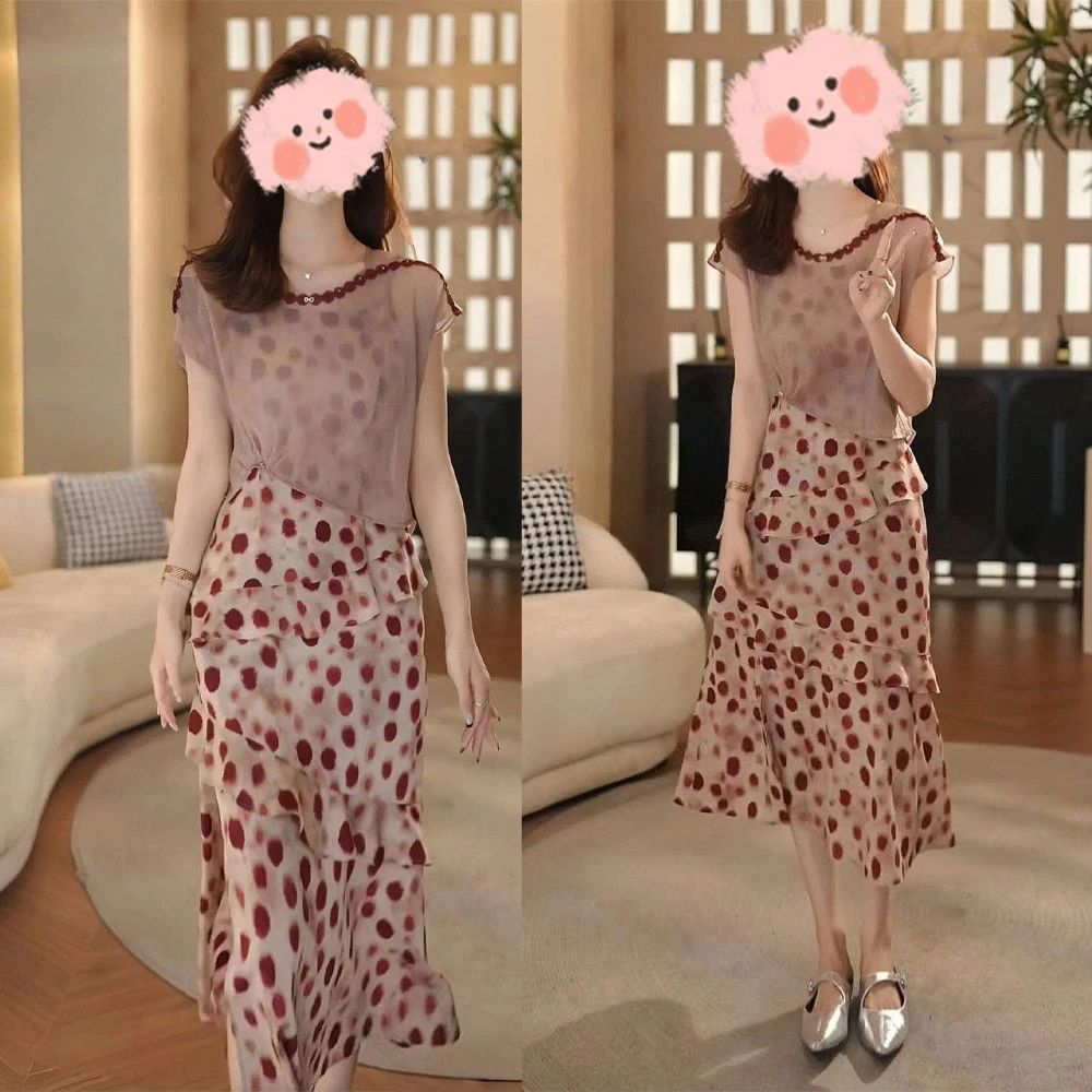2025夏季新款波点短袖设计感上衣搭小众气质显瘦连衣裙女两件套装