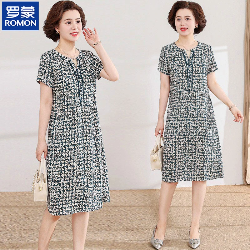 罗蒙小个子妈妈连衣裙中年女夏装时尚印花短袖洋气中老年直筒裙子
