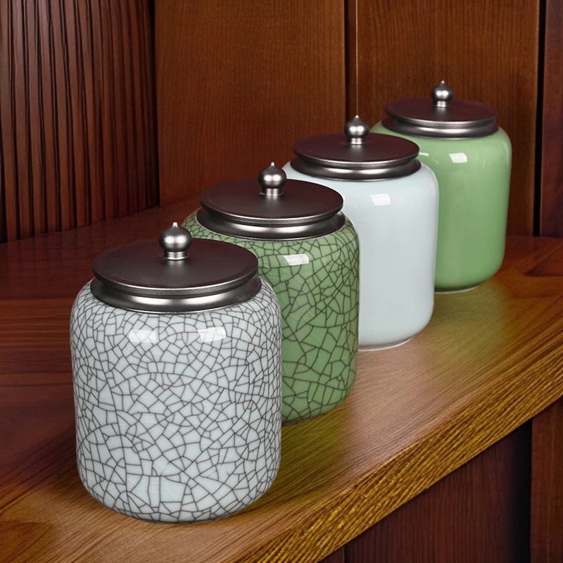 精品青瓷直形大号茶叶罐创意中式陶瓷家用大容量储茶罐灰盖密封罐