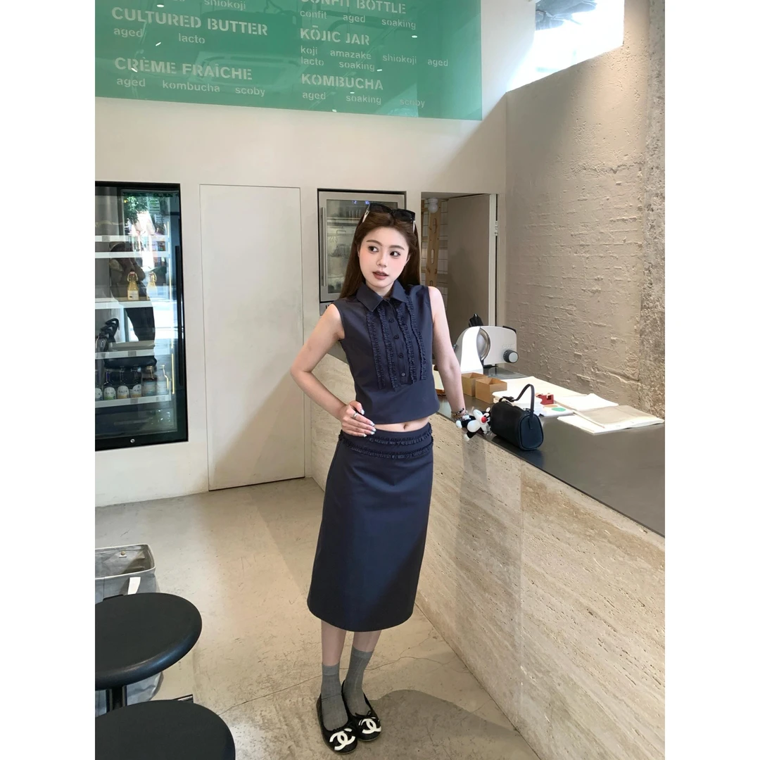 2025夏季高级感上衣财阀千金女装花边压褶无袖衬衫背心包臀半身裙