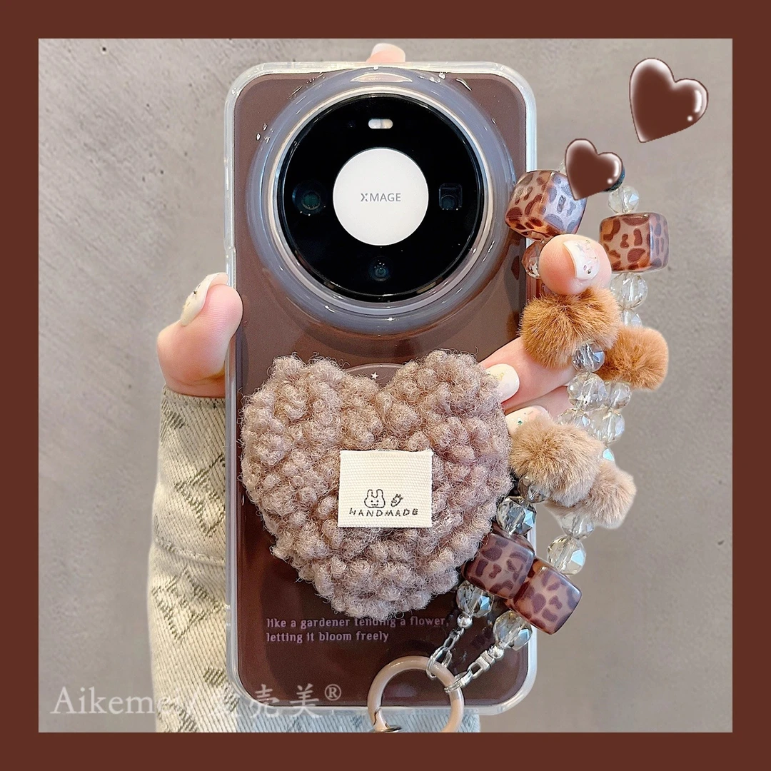 适用华为mate80promax手机壳纯色英文Mate70pro+毛绒爱心磁吸支架