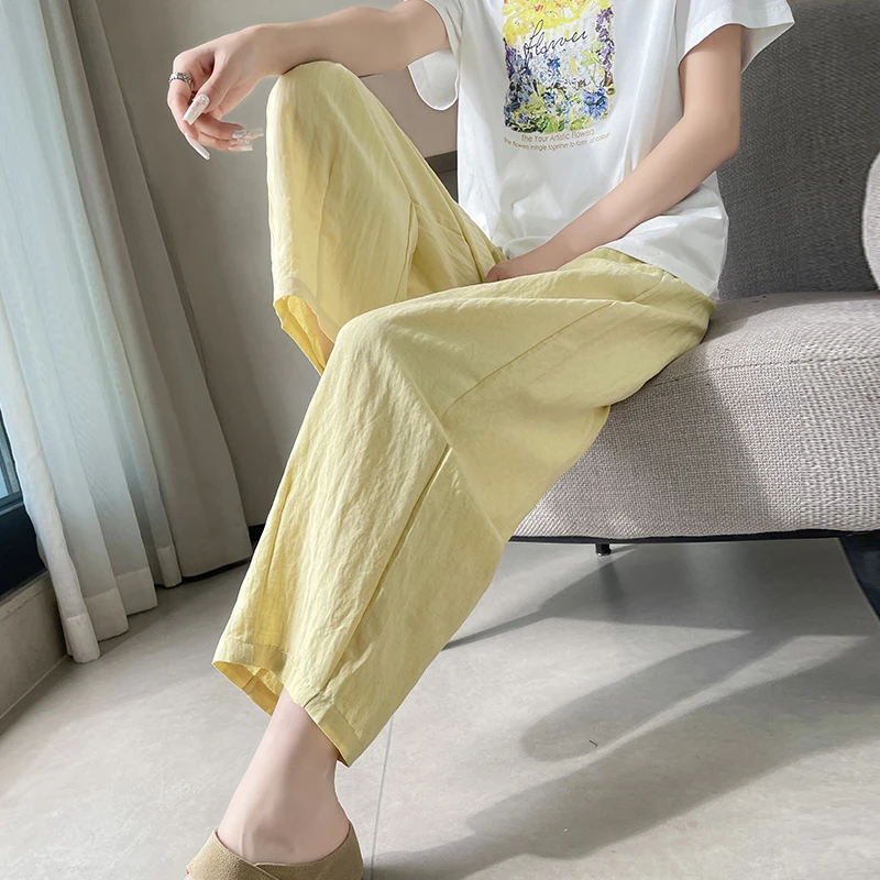 天丝阔腿裤女夏季薄款2025新款高腰宽松冰丝亚麻小个子九分哈伦裤