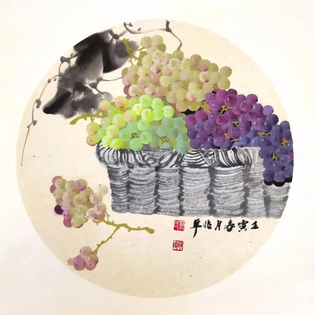 国画小写意葡萄卡纸斗方已装框适合客厅卧室等中式装饰
