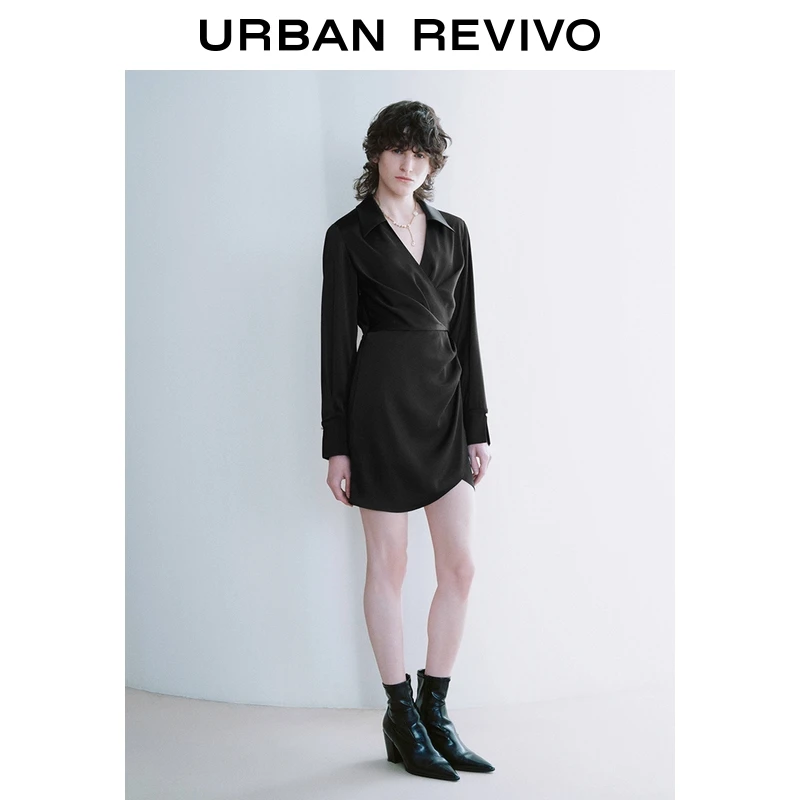 【HOT】UR2025秋季新款女装摩登都市褶皱收腰连衣裙UWM750090