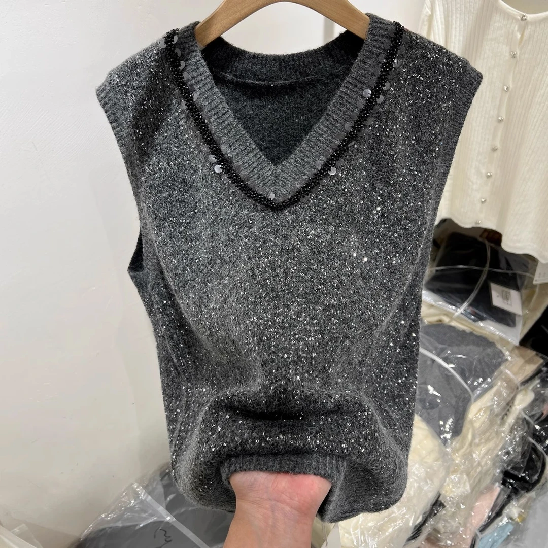 高级感黑色V领亮片针织无袖马甲女早春新款叠穿内搭宽松上衣马夹