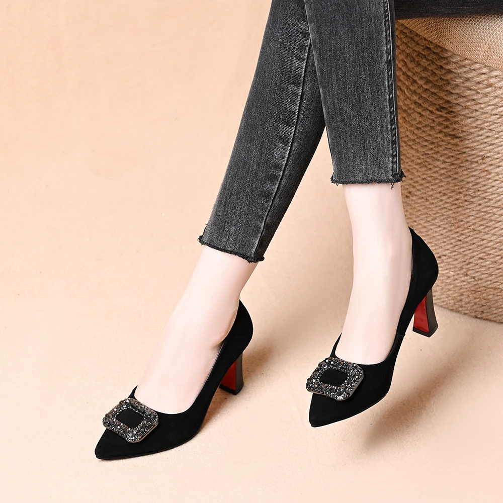 真皮粗跟春秋时尚百搭浅口尖头水钻气质性感方扣法式高跟单鞋
