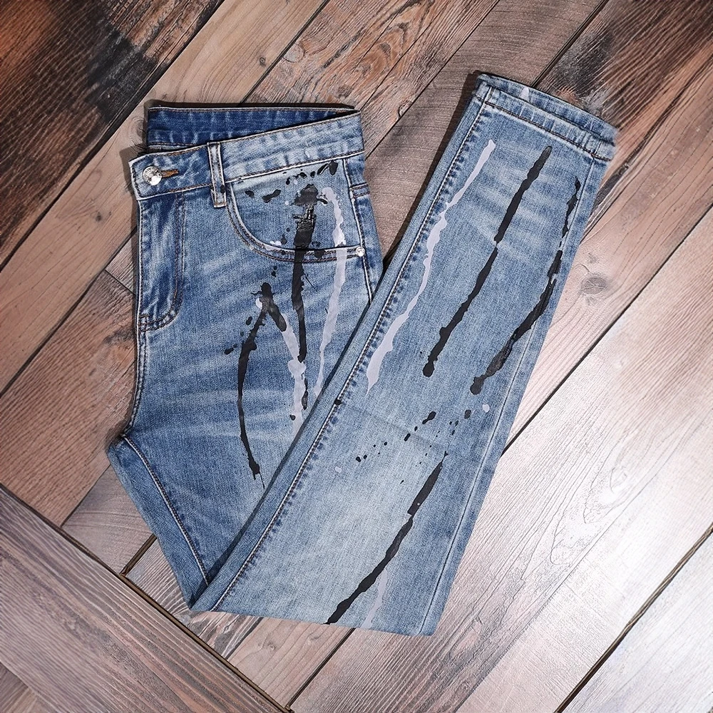 佩托本那春秋薄款泼墨牛仔裤男士涂鸦复古修身欧货痞帅休闲小脚裤