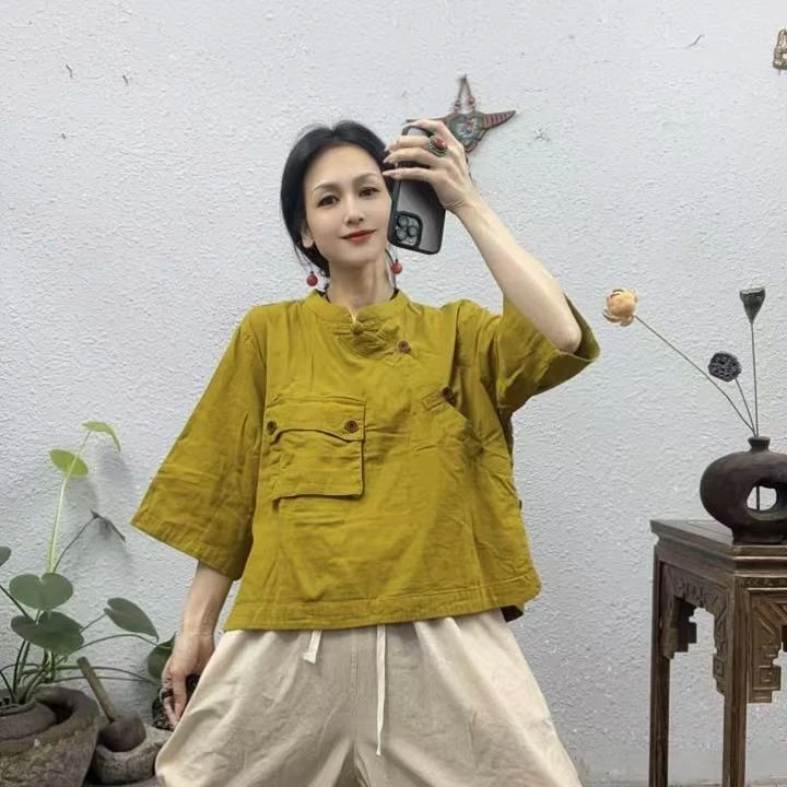 30399右斜襟拼纽扣左胸立体口袋双层纱上衣（前53后55胸围126