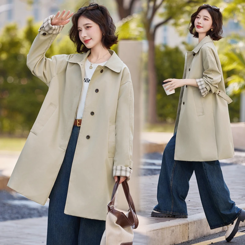 英伦风翻领风衣外套女2025春秋新款高级感气质格纹拼接中长款大衣