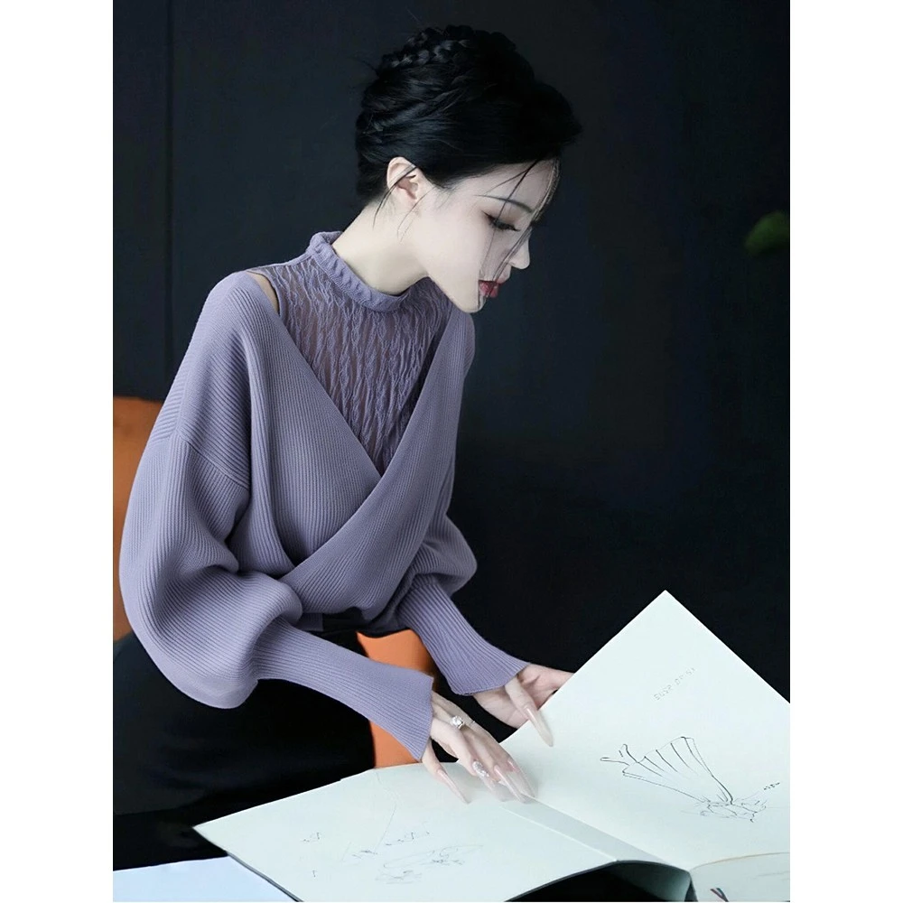 财阀千金女装香芋紫假两件拼接针织衫秋冬新款气质轻熟风套头毛衣