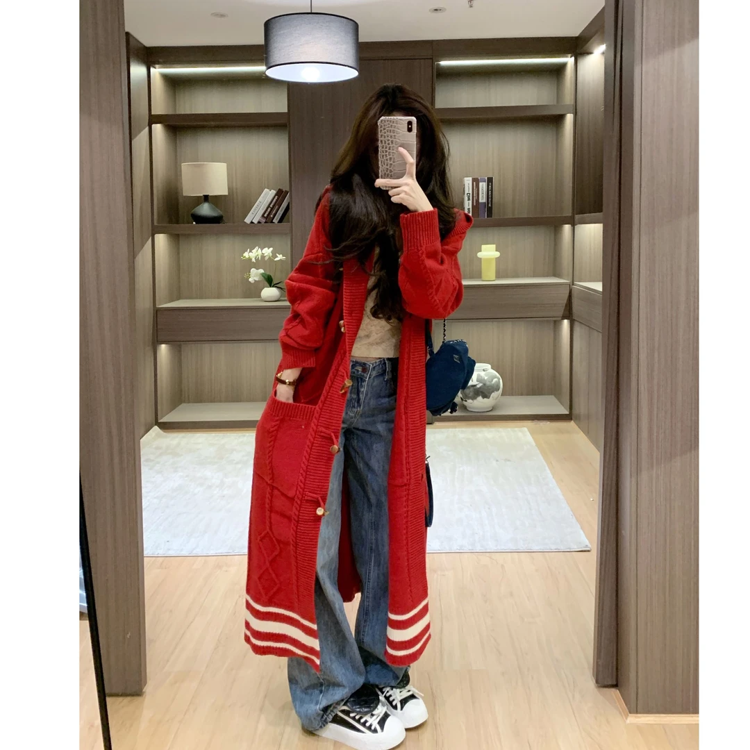 【现货】Leathercat巨好看的秋冬上衣女长款连帽针织开衫毛衣外套