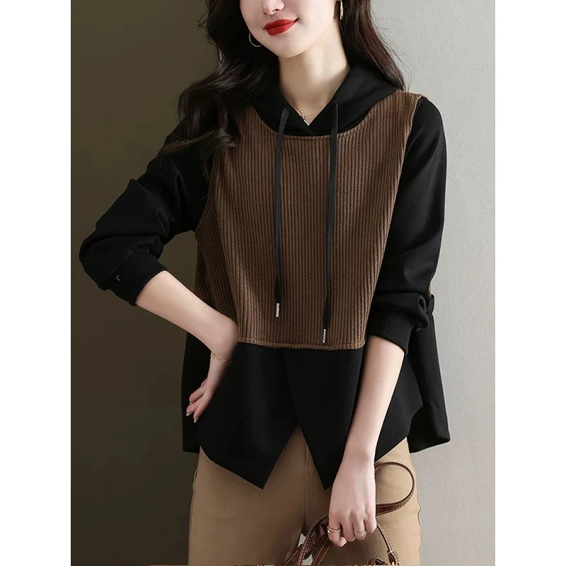 【W6422黑咖连帽卫衣】时尚百搭休闲款洋气好看长袖春秋卫衣2025女