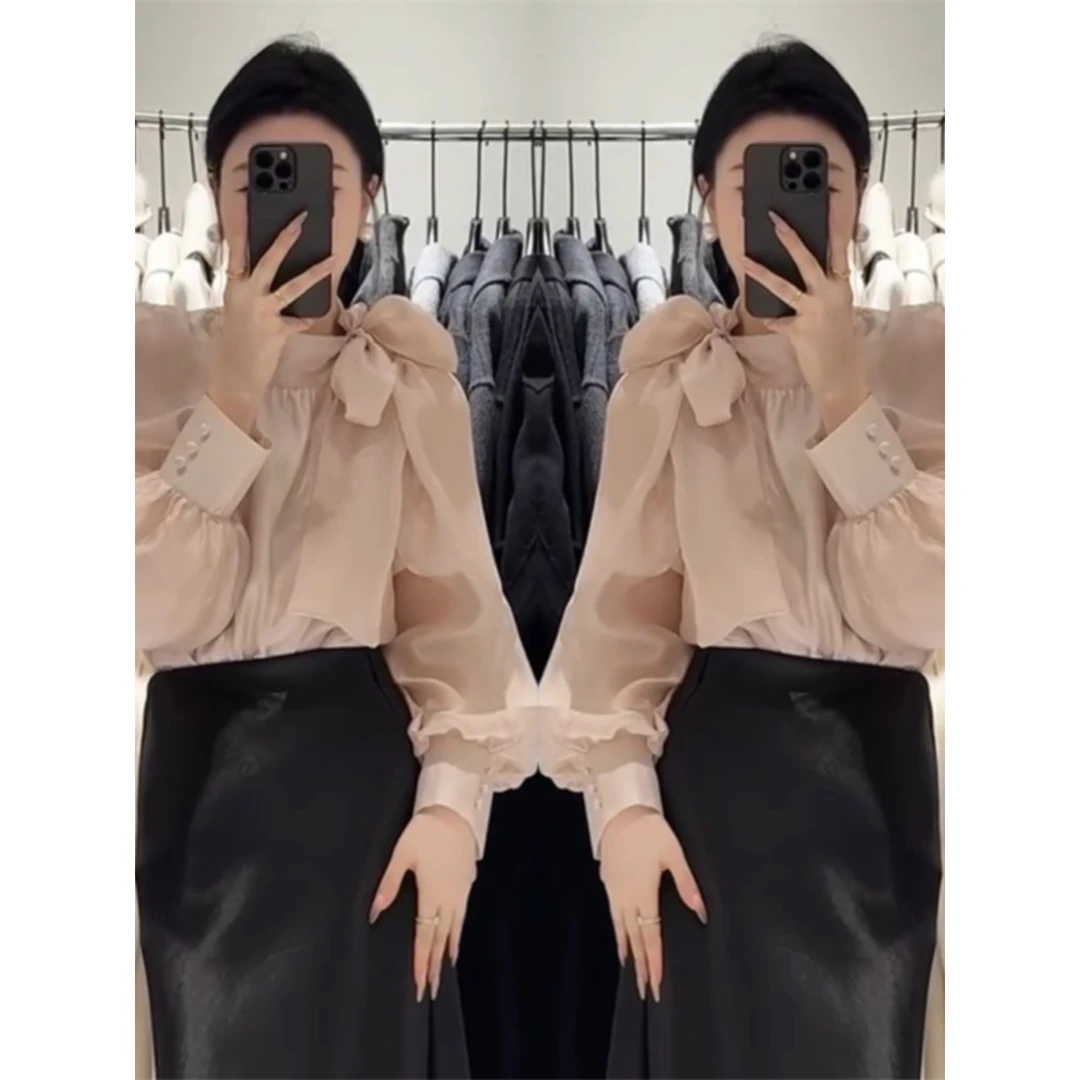 2025年早春夏季新款高级感时尚法式设计感系带蝴蝶结气质长袖衬衫
