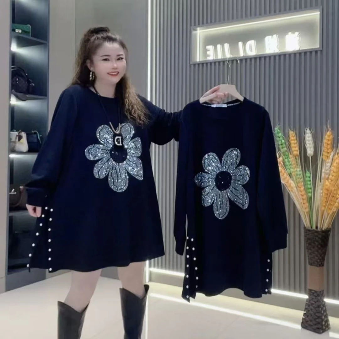 影7071早秋新款圆领烫钻开叉韩版宽松长款大衫