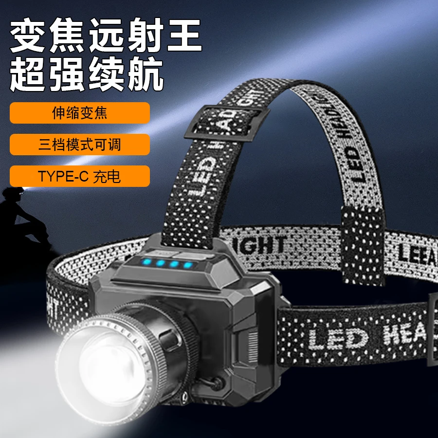 伸缩变焦三档调节高亮头灯户外远射巡逻徒步便携智能电显头戴灯