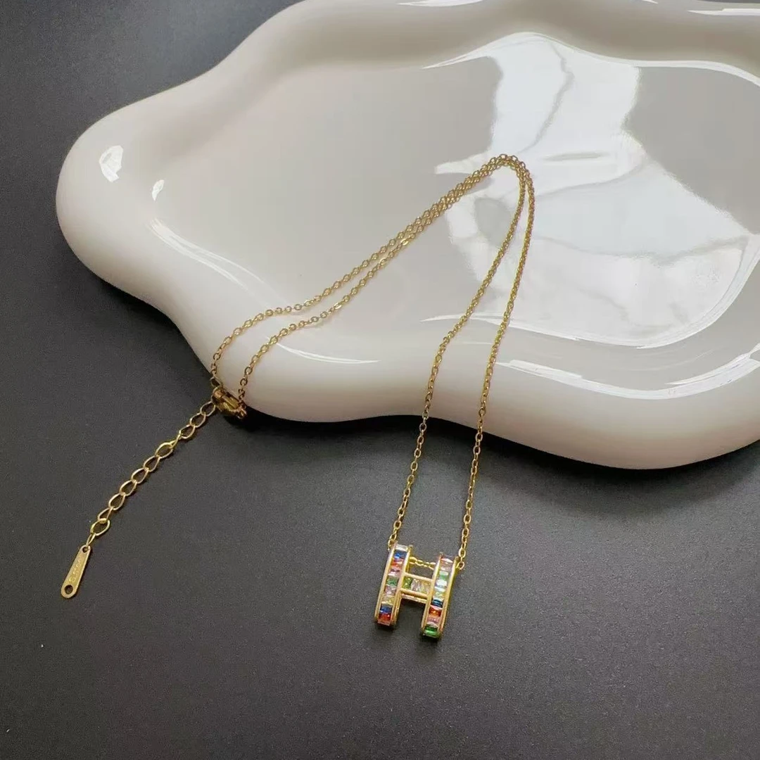 铜合金合成锆石项链 845百搭时尚七彩项链