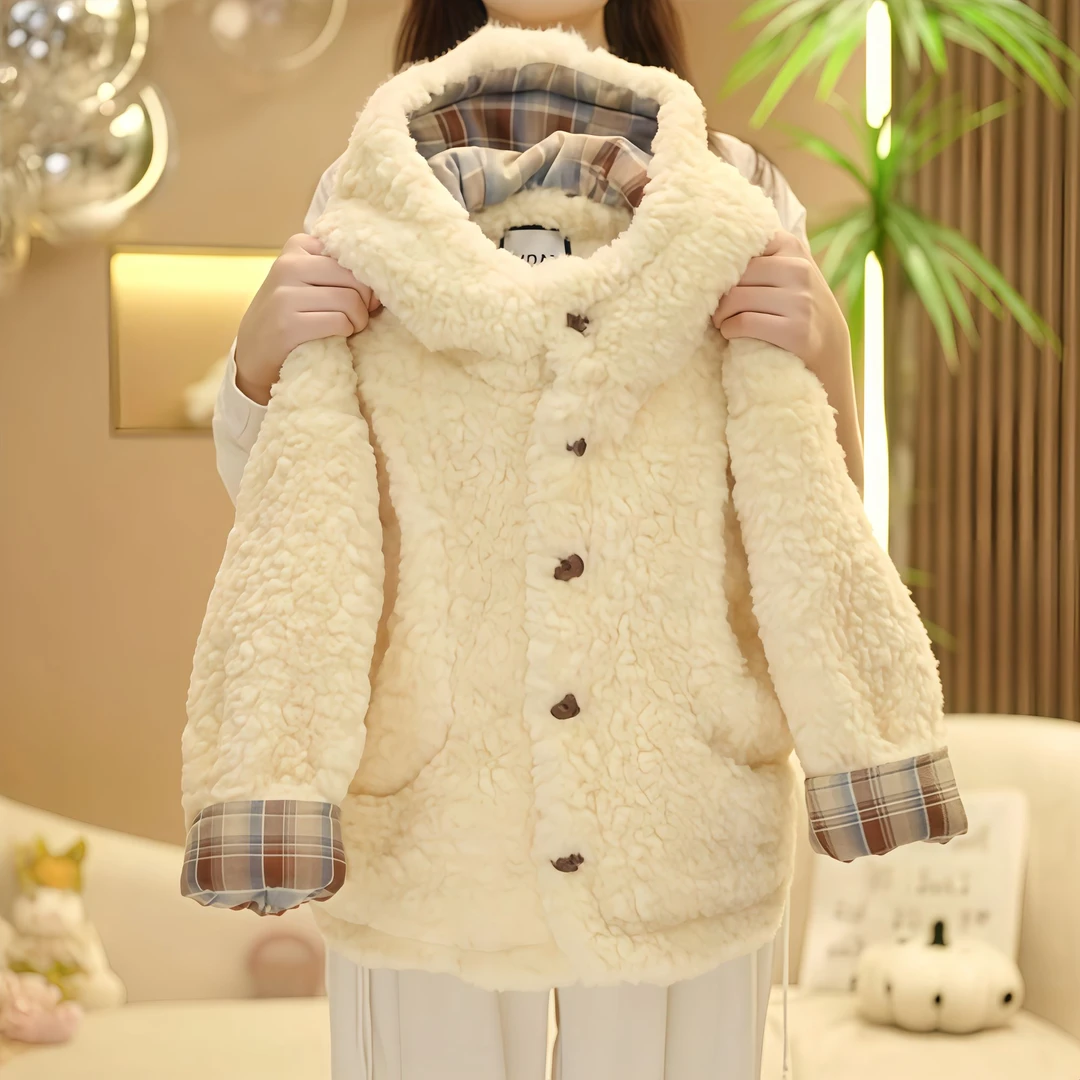 【米小洛】儿童2025韩系冬款新款设计感简约拼接格子上衣连帽外套