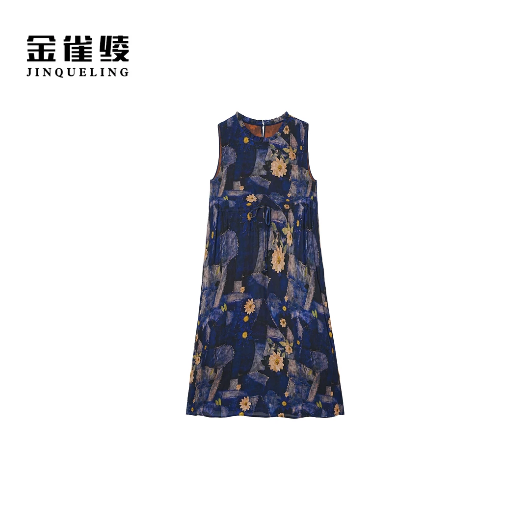 金雀绫【独上澜州】新中式老钱风印花加宽加大背心连衣裙SZA2L483