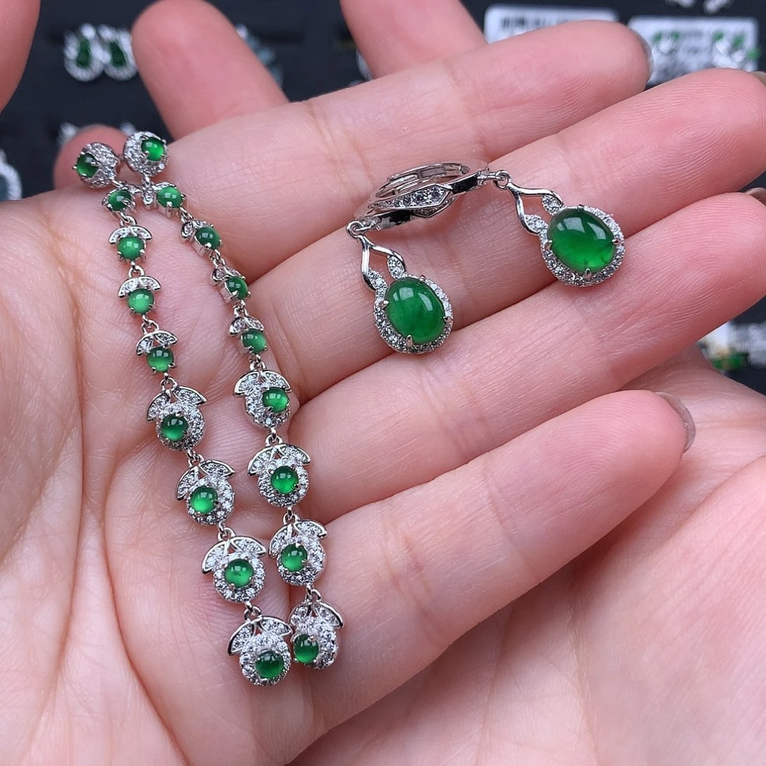 五***白翡翠银S925镶嵌耳饰