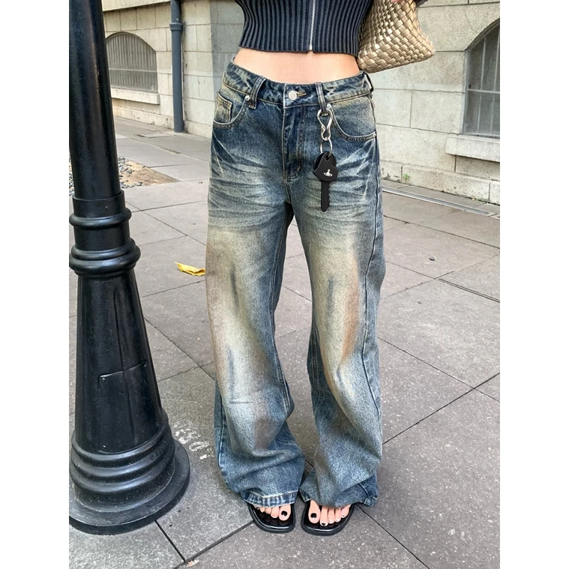 美式复古水洗做旧直筒牛仔裤女秋季新款高腰宽松百搭阔腿拖地长裤