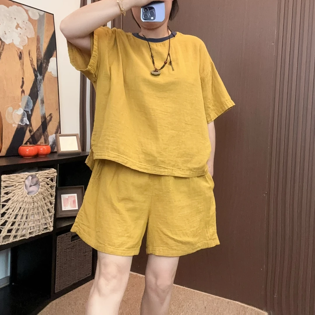 C3227夏季薄款棉纱短袖短裤套装女透气休闲套装女60长度130胸围