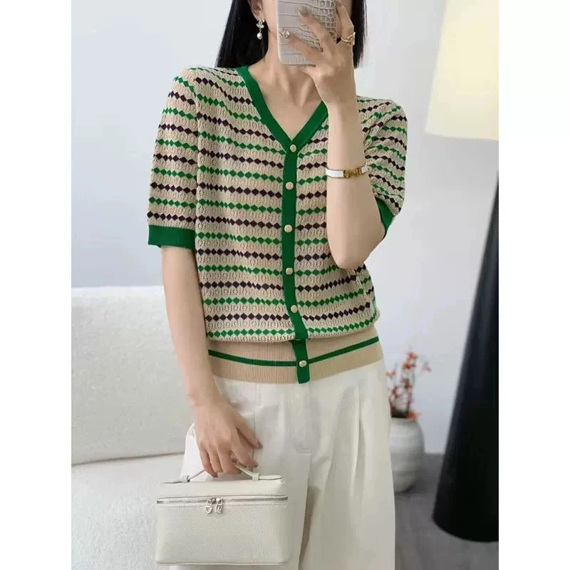 欧货V领开衫短袖2025夏装新款女宽松薄款莱塞尔天丝T恤上衣小香风