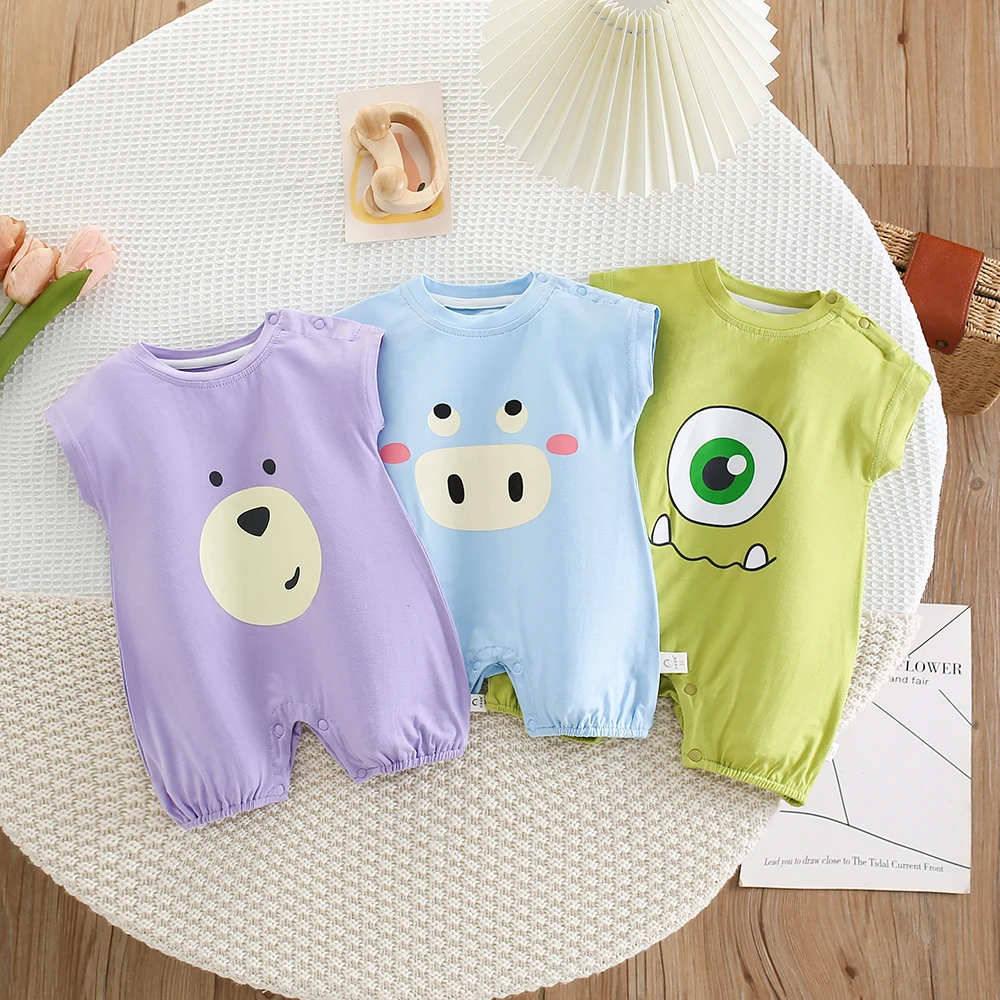 夏季新款卡通萌兽宽肩哈衣婴幼儿舒适透气无袖棉质薄款连体衣爬服