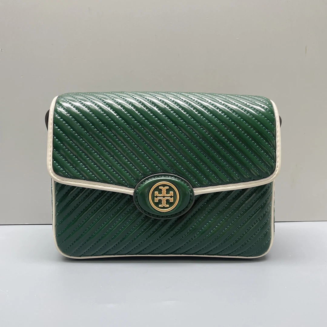 95新 TORY BURCH/汤丽柏琦 绿拼白条纹豆腐包21*16*6cmM061207