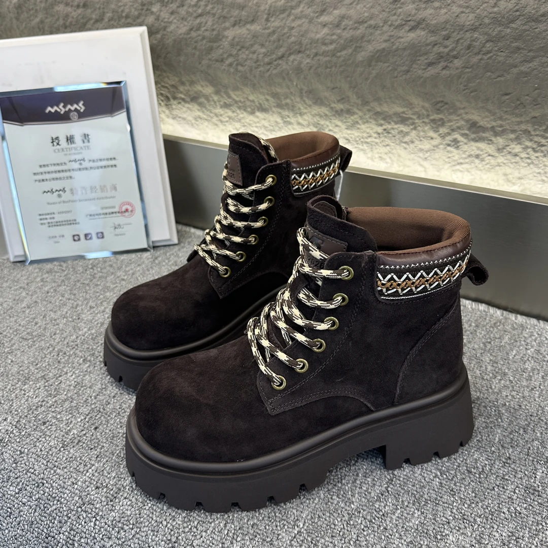 玛莎玛索50-561m秋冬加绒系带马丁中筒靴