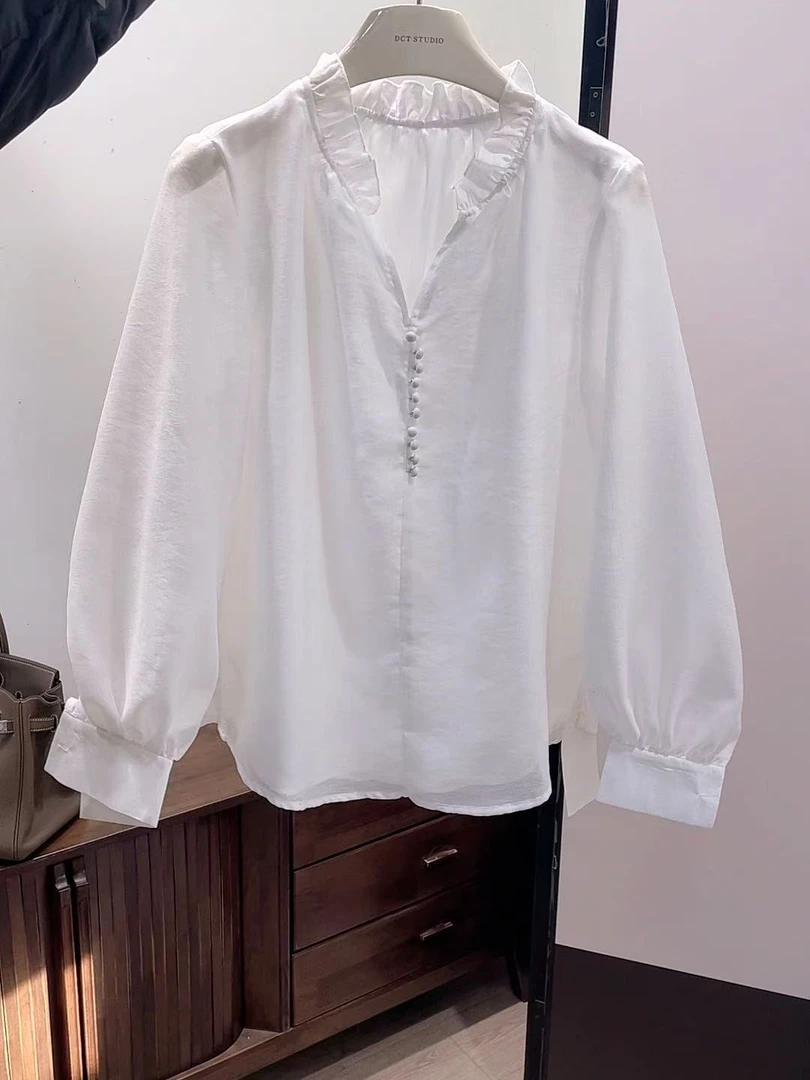 衬衫-225012003花边V领时尚长袖