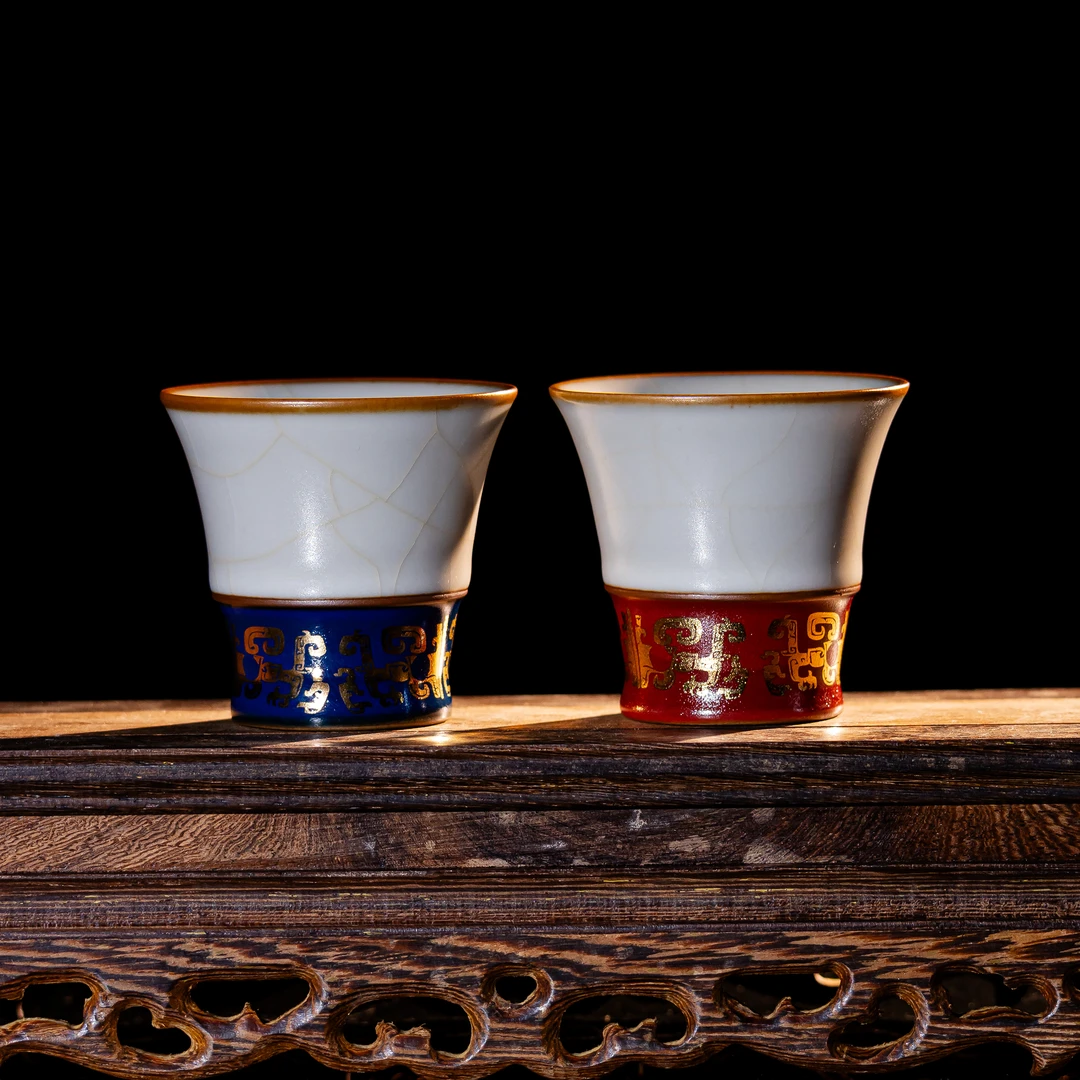 【西泠墨香上新】赤金饕餮冬青汝瓷博古对杯HX0109