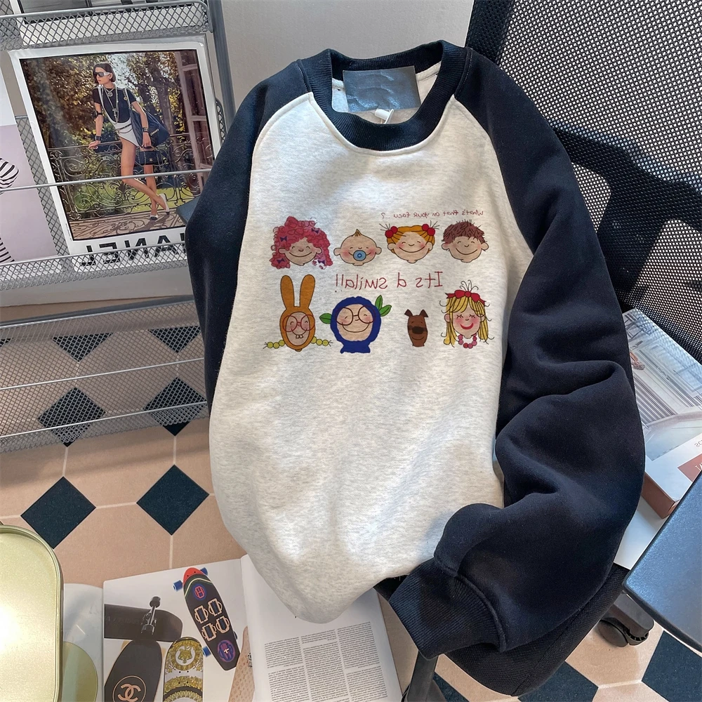 300斤大码美式潮牌卡通趣味创意拼接插肩袖卫衣男女秋冬宽松上衣