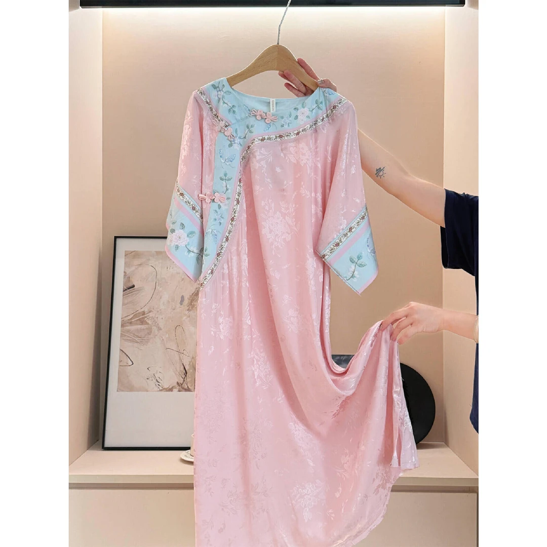 新中式大码国风短袖宫廷风冰丝睡裙女夏季新款家居服连衣裙子外穿