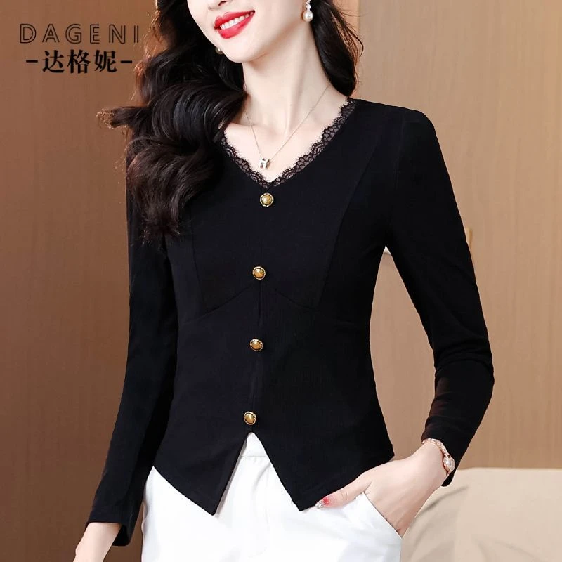 V领蕾丝拼接针织T恤打底衫女2025春季新款不规则设计开叉长袖上衣