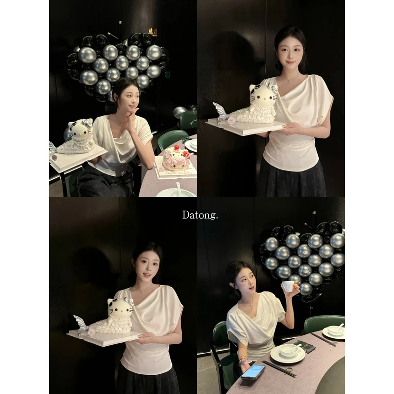 堆叠仿蝙蝠短袖T恤女设计感荡领上衣