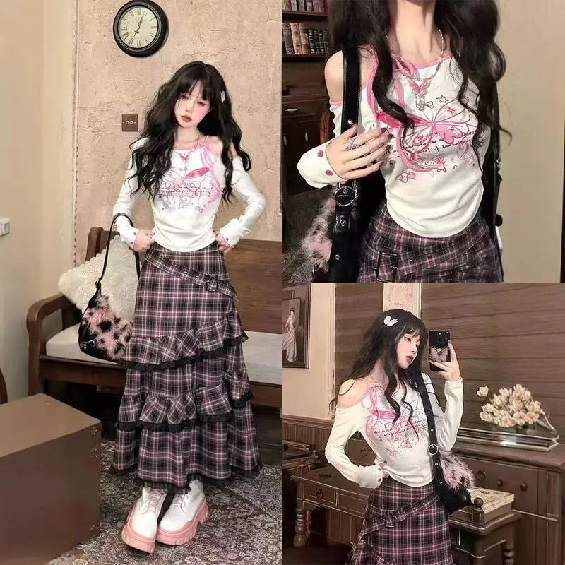 C40-4四色“网纱环绕格纹”松紧腰半身裙（1135）