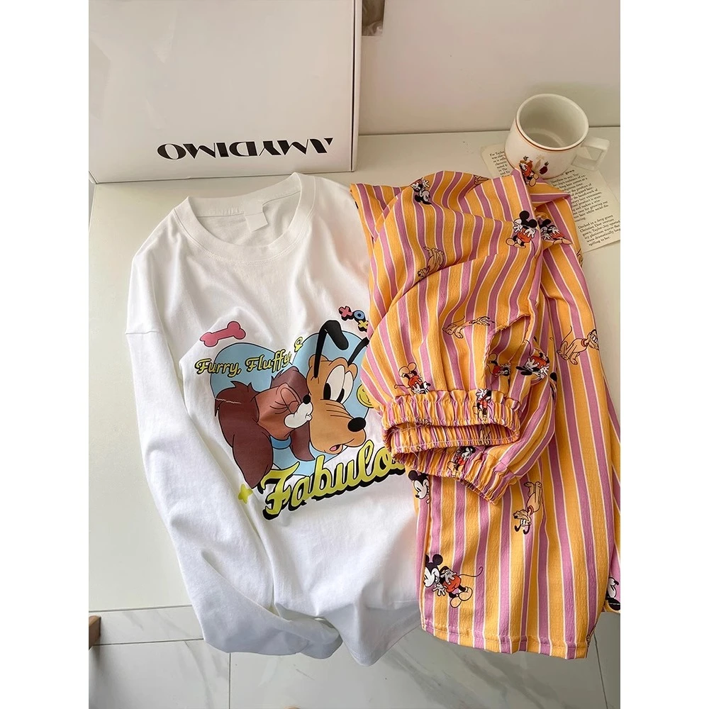 【卡通米奇】甜美可爱长袖t恤睡衣女夏季新款条纹睡裤套装家居服