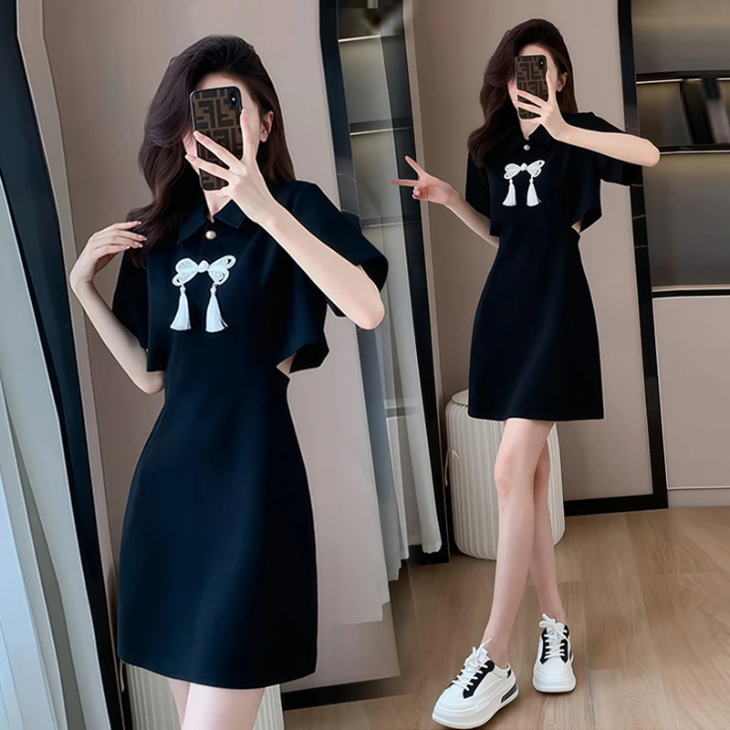 设计感印花拼接短袖连衣裙女2025夏季新款洋气减龄显瘦a字裙子潮