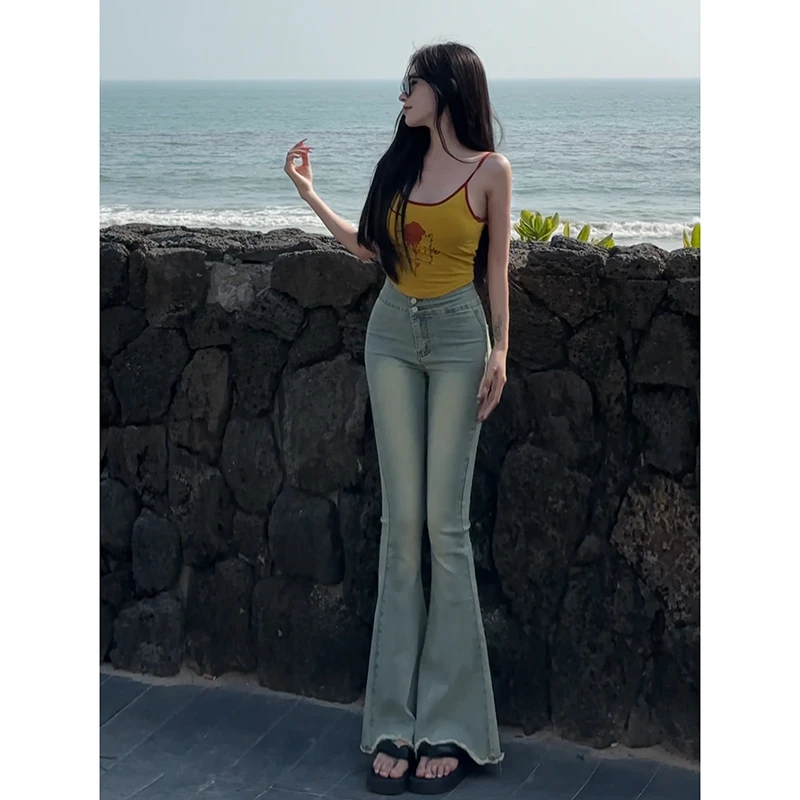 高腰毛边微喇牛仔裤女2025秋季新款显高显瘦弹力修身鱼尾喇叭裤