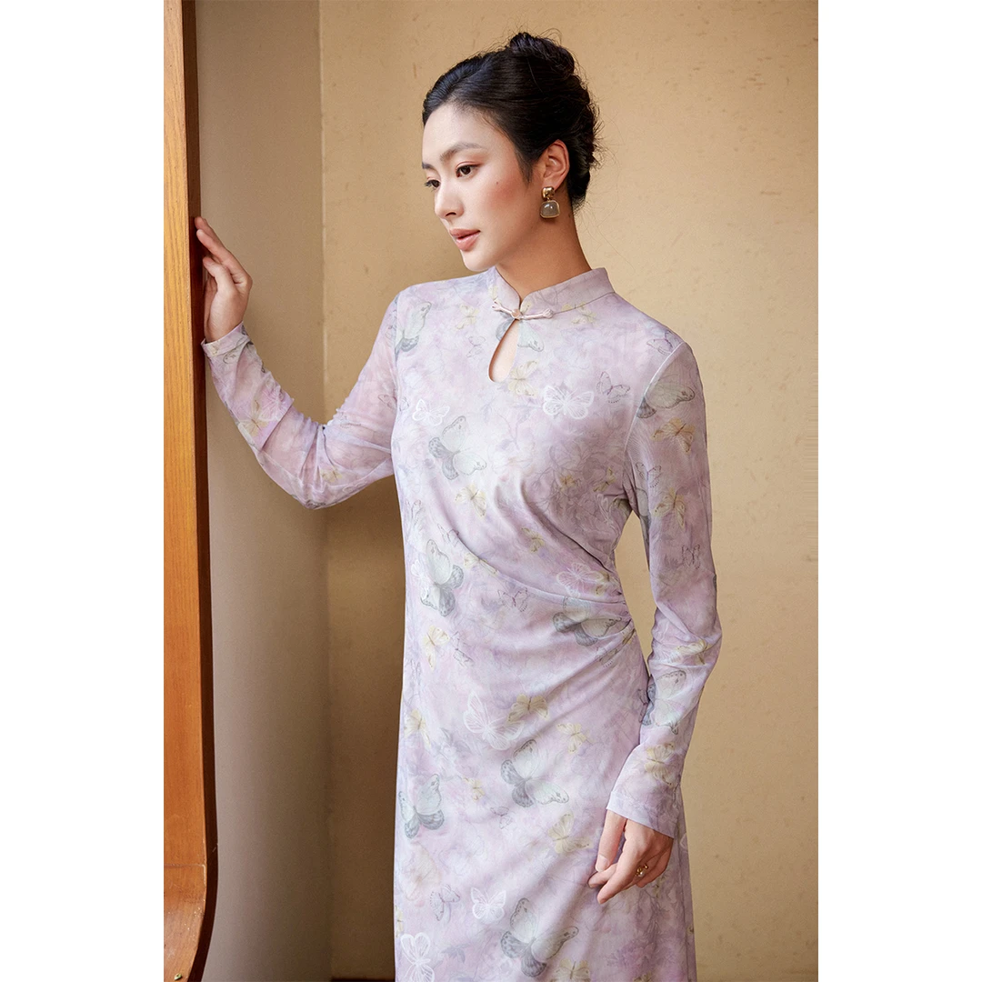 【折扣款】PLUSMALL 月胧烟蝶 新中式蝴蝶印花针织连衣裙PM2509037