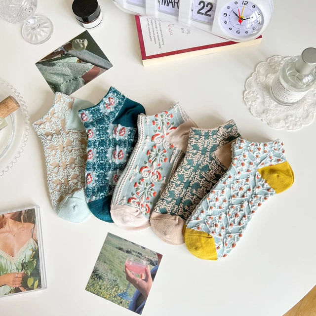 日系复古袜子女夏季薄款浅口短袜ins潮甜美文艺碎花低帮船袜透气