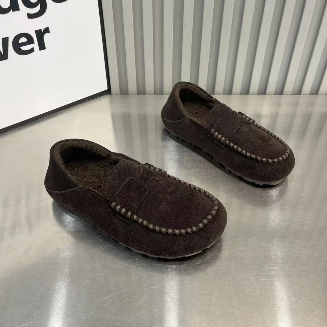 森系加毛真皮一脚蹬勃肯鞋女平底豆豆鞋2025秋季新款休闲乐福单鞋