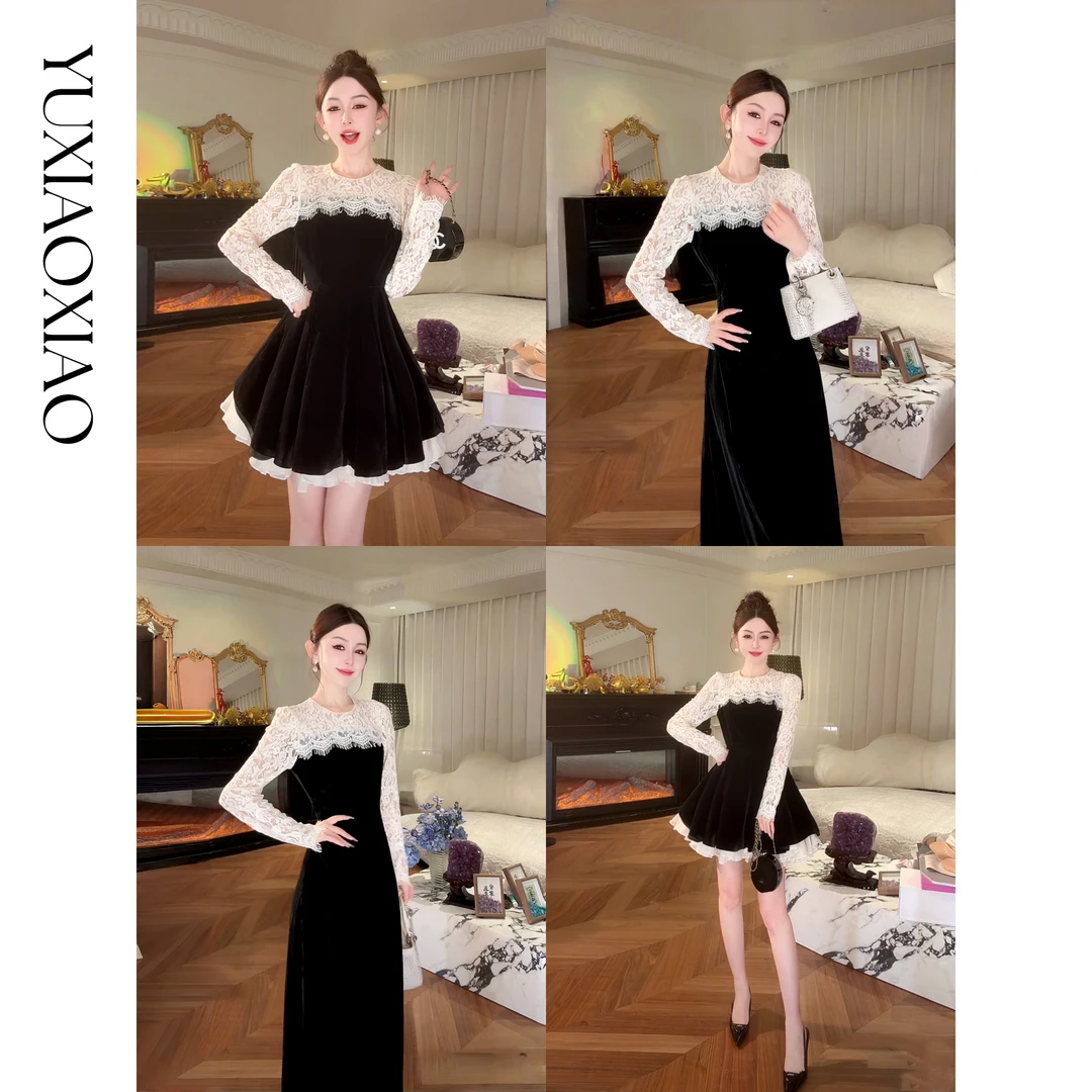 余潇潇【露丝茶话会】时尚精致立体花型黑色丝绒拼接蕾丝连衣裙