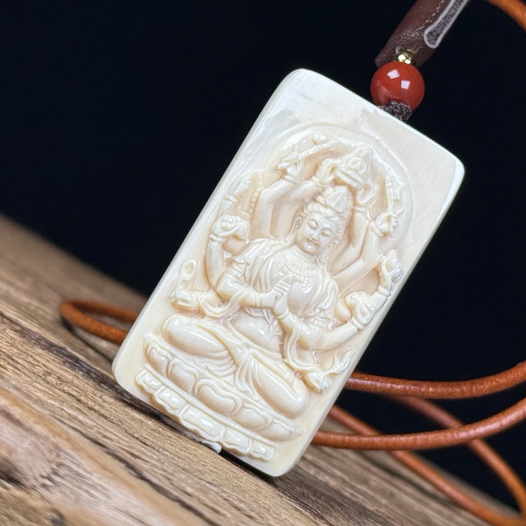 H2711天然猛犸牙雕刻千手观音31*55*11mm支持鉴定 假一罚四