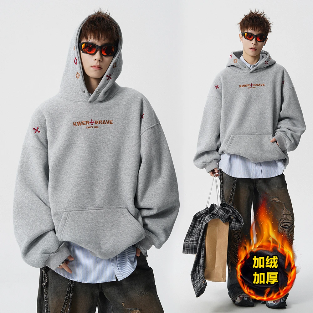 重磅字母刺绣加绒连帽卫衣男秋冬潮牌学院风痞帅加厚情侣帽衫外套